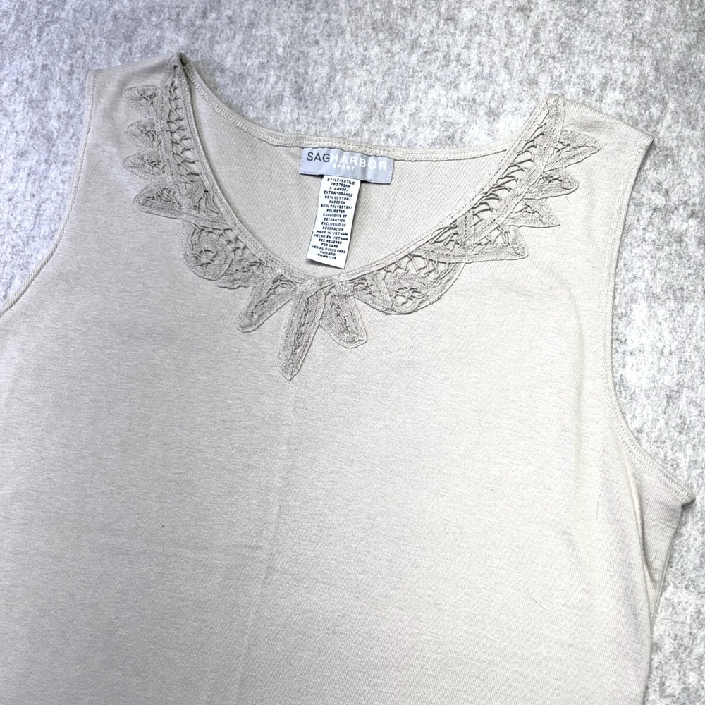 Sag Harbor Sport Women Sleeveless Knit Top Cami Beige Tan Lace Trim‎ XL